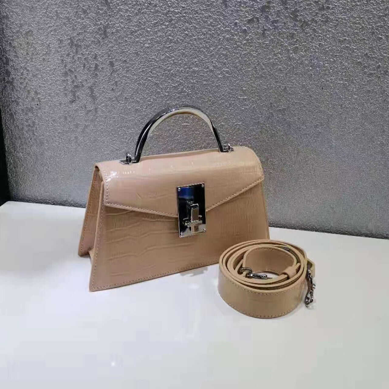 Luxury top grain leather metal handle flap bag