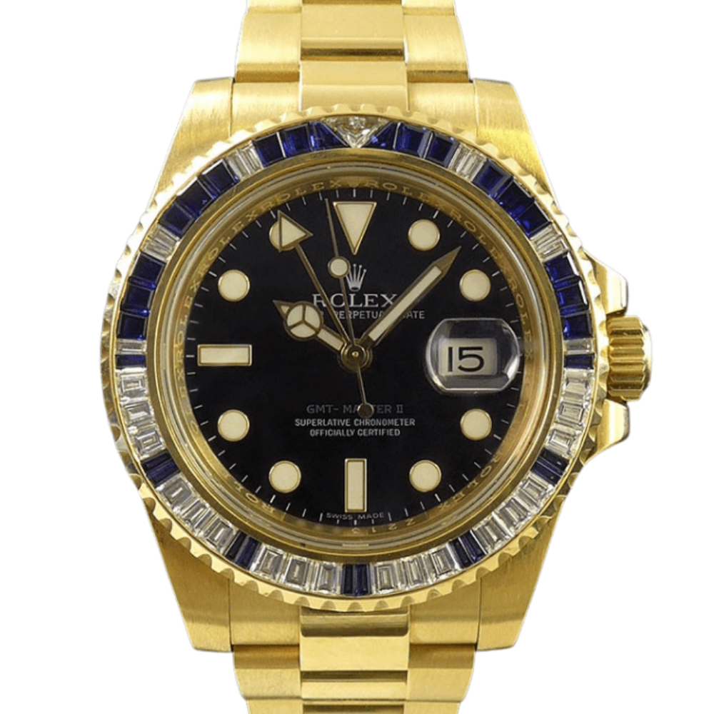 Rolex GMT-Master II 116748SA Yellow Gold Sapphire and Diamond Bezel Black Dial