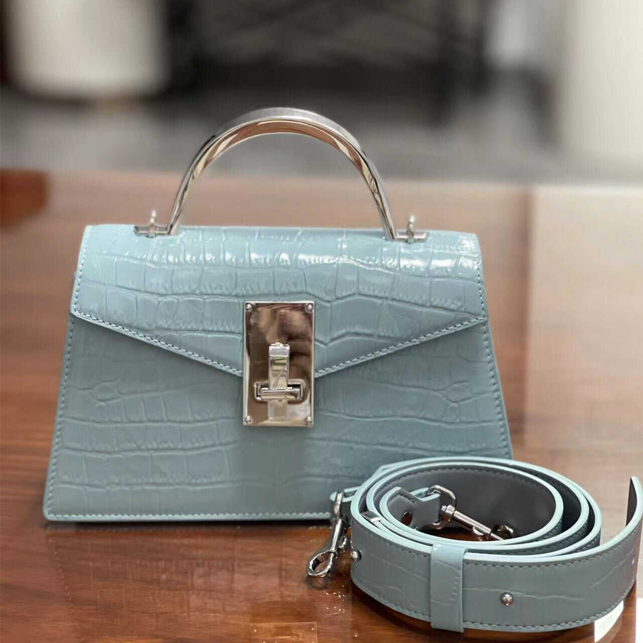 Luxury top grain leather metal handle flap bag