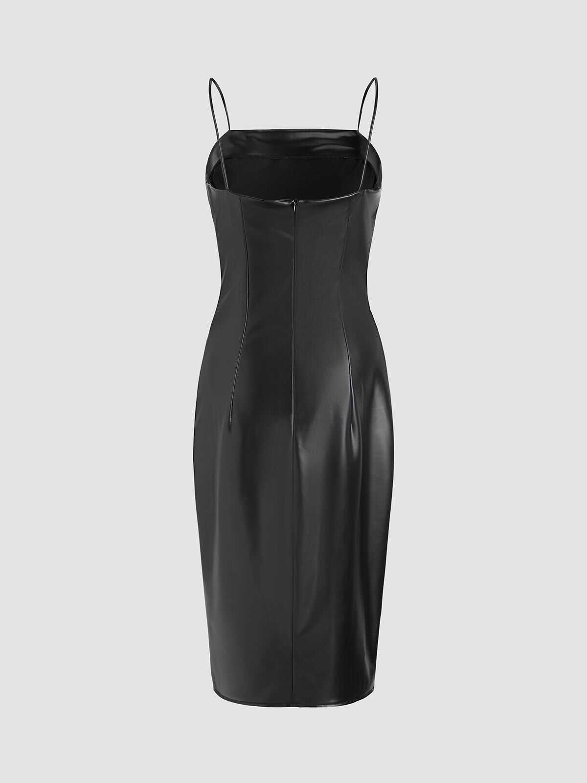 Faux Leather Zip Ruched Long Dress