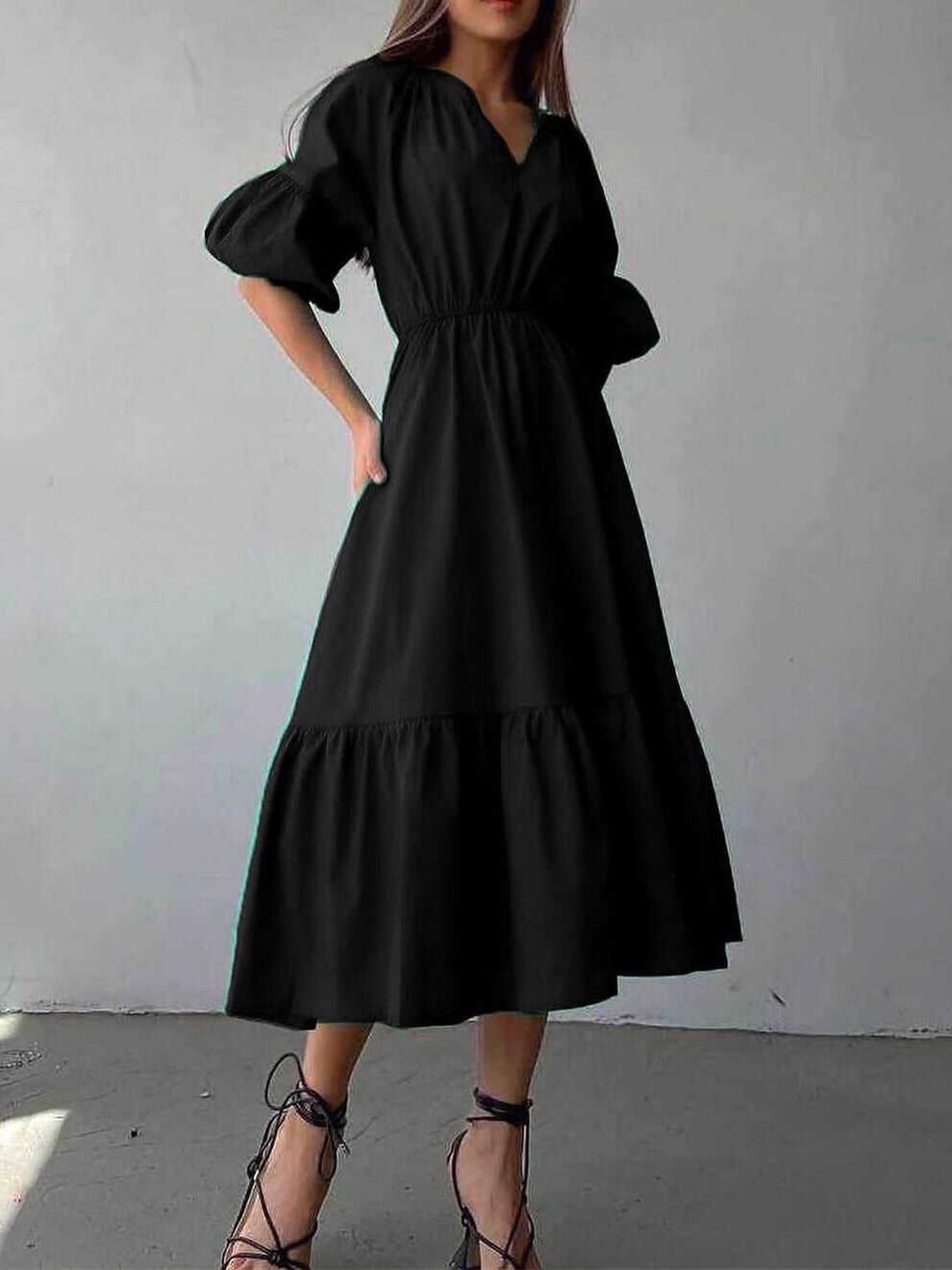 Cotton Puff Sleeve Midi Dress