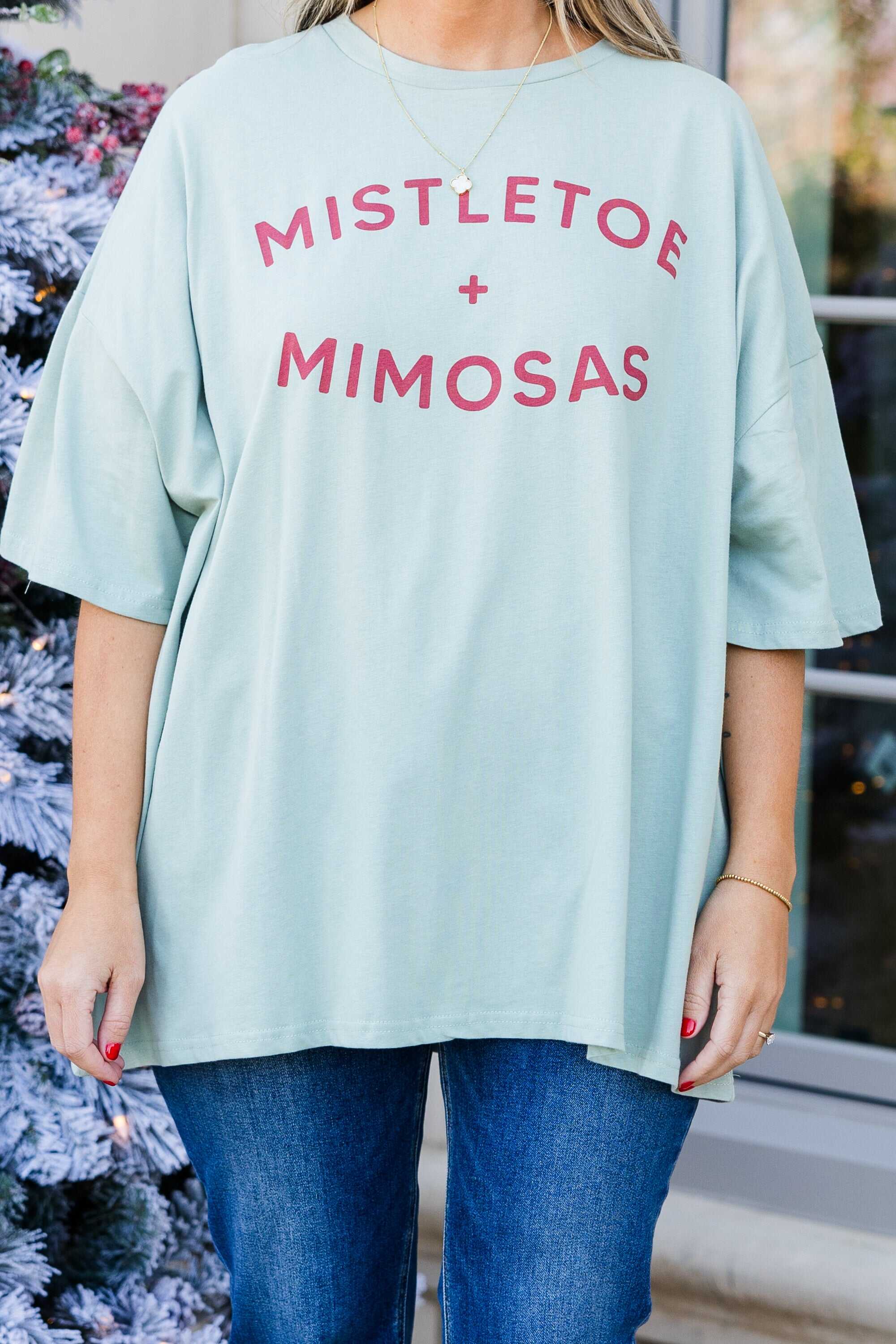 Mistletoe & Mimosas Boyfriend Tee, Light Sage