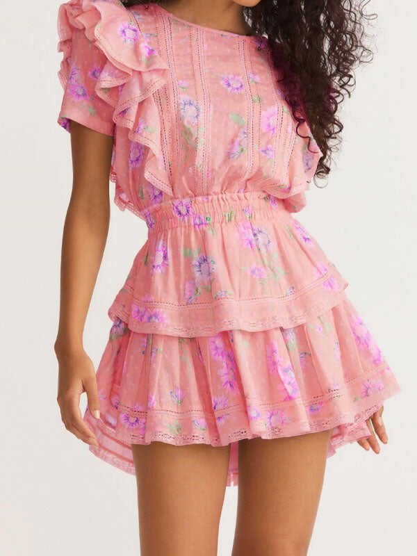 Floral round neck mini dress in pink