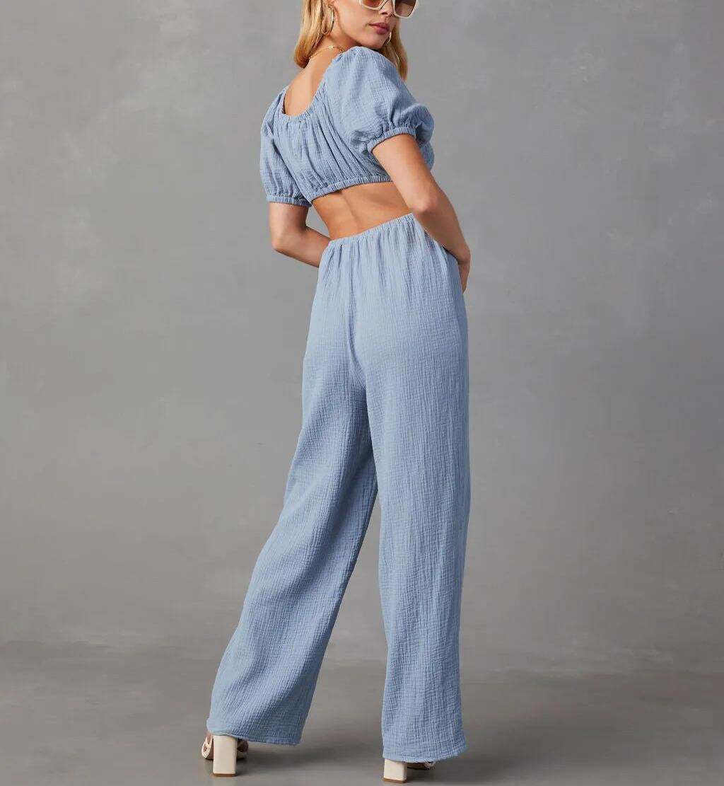 Cutout Short Sleeve Jumpsuit - Denim