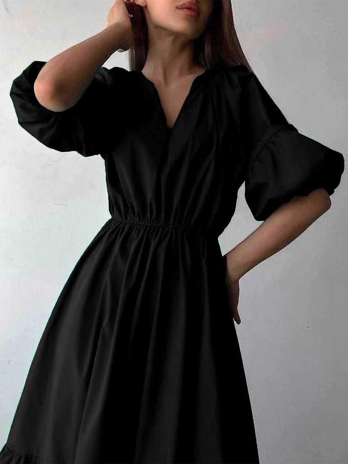 Cotton Puff Sleeve Midi Dress